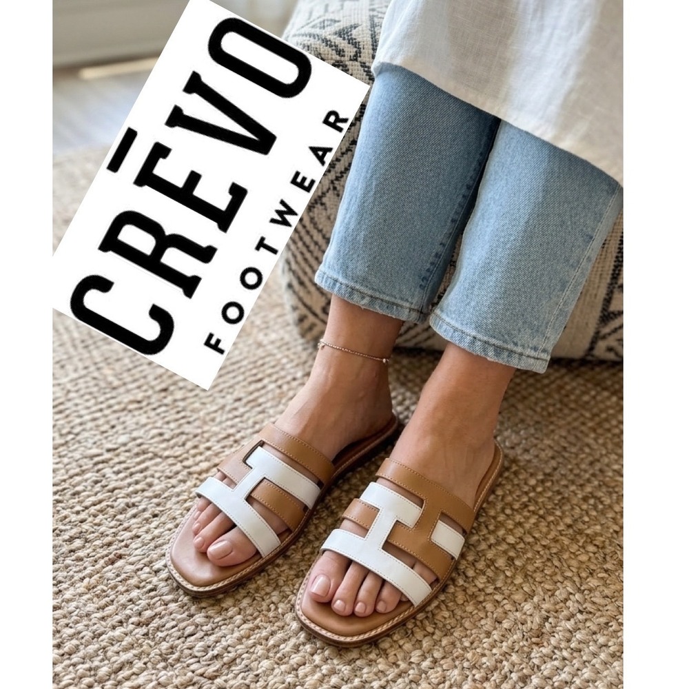 Crevo Catalina Womens 11 Tan White‎ Leather H-Strap Slide Sandals Summer Beachy